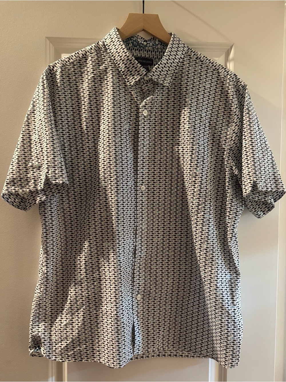 Van Heusen White Short-Sleeve Button-Down with Black Micro Print